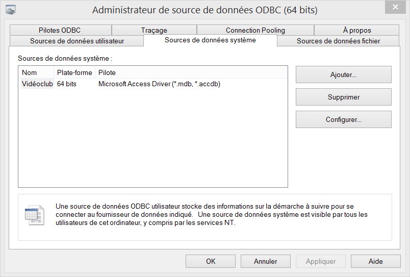 Sources de données ODBC système